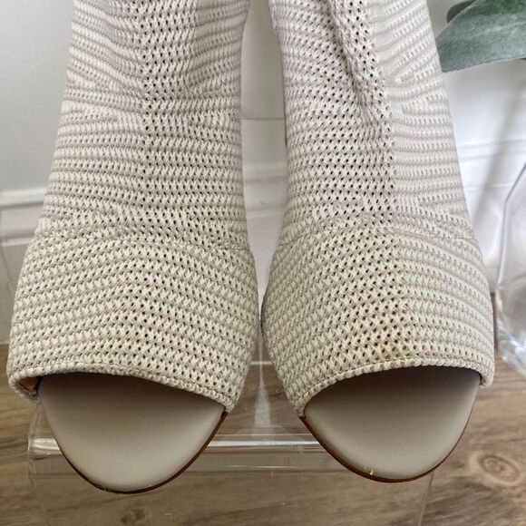 Avec Les Filles Mariah Peep Toe Stretch Knit Sock Ankle Booties Wood Heels White - Picture 6 of 13